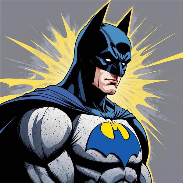 پرتره کلوزآپ بتمن با لوگوی زرد و بال‌های خفاش در سبک کمیک‌های قدیمی