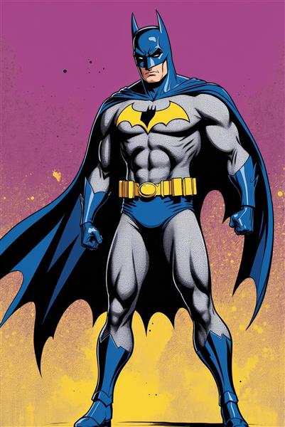 پوستر بتمن در لباس آبی و خاکستری با پس‌زمینه اسپری رنگی برای دکوراسیون مدرن