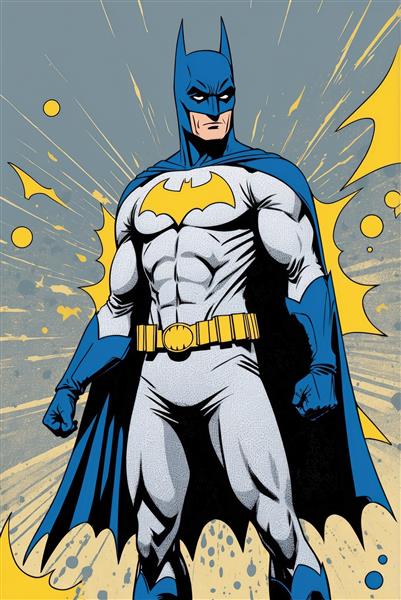 تصویر باکیفیت بتمن تمام قد با لباس خاکستری آبی و ماسک کلاسیک سبک کمیک