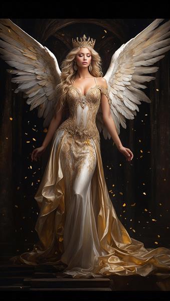 عکس باکیفیت ملکه فرشته‌ها در لباس سلطنتی طلایی با ریزش نور و جلوه پر زرق و برق
