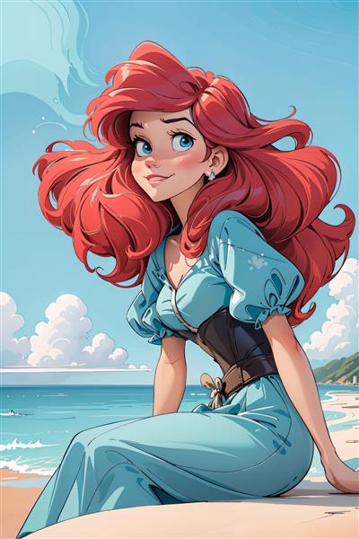 تصویر اورجینال آریل شاهزاده دیزنی با موهای قرمز و لباس آبی کنار دریا