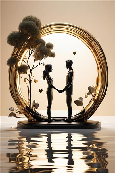 طرح سه‌بعدی زوج در حلقه طلایی و درخت مینیاتوری برای چاپ سالگرد