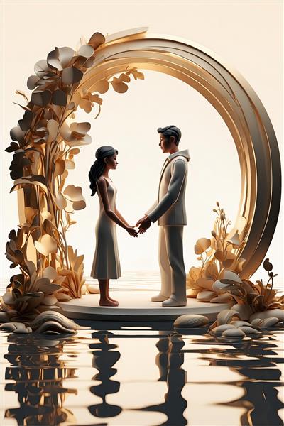 تصویر استودیویی زوج عاشق با لباس‌های سفید و قاب دکوراتیو طلایی