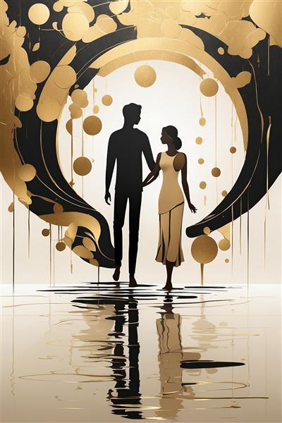 پوستر انتزاعی زوج در مرکز دایره طلایی و مشکی برای چاپ عریض