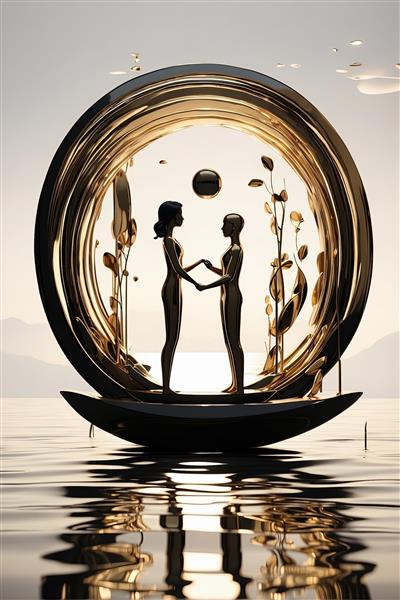 طرح دکوراتیو سه‌بعدی زوج در حلقه طلایی روی قایق با تم مدیترانه‌ای