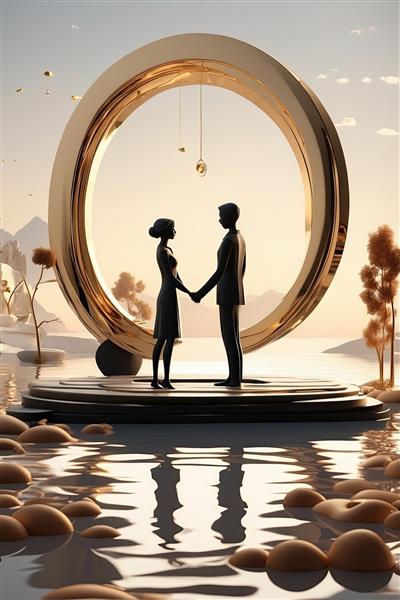 عکس سه‌بعدی فاخر زوج عاشق در قاب حلقه طلایی بزرگ برای تابلو