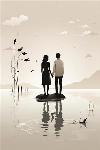طرح دکوراتیو زوج عاشق (سیلوئت) ایستاده روی صخره در دریاچه مه‌آلود