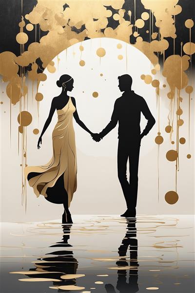پوستر مینیمال زوج عاشق (سیلوئت) در حلقه طلایی و قطرات انتزاعی