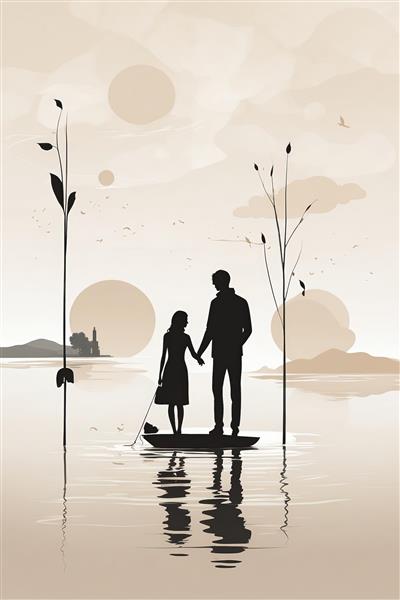 طرح مینیمال باکیفیت زوج عاشق در قایق (سیلوئت) در منظره مه‌آلود