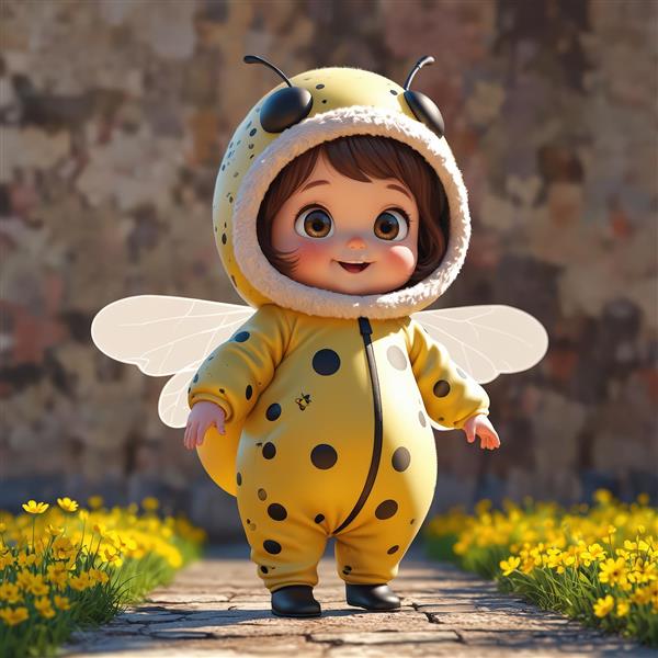 طرح کودک کارتونی زنبوری در چمنزار گل‌های زرد برای چاپ بوم