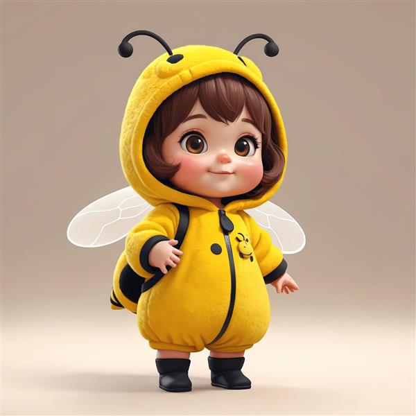تصویر کودک کارتونی زنبور با لباس پف‌دار زرد و بند مشکی کوله پشتی