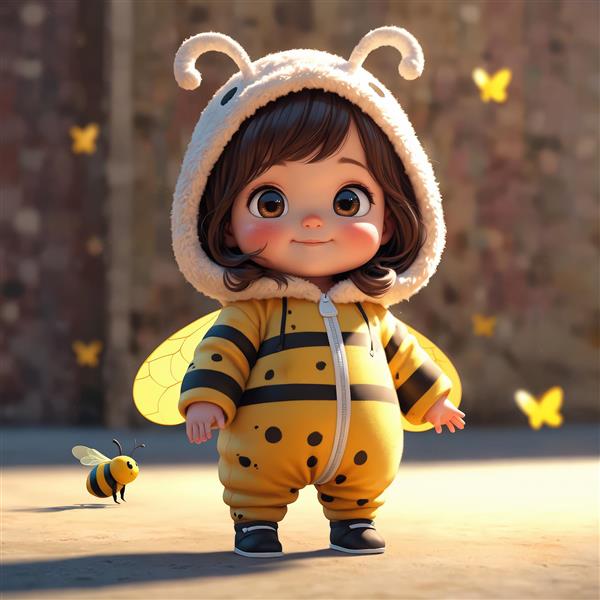 طرح دختر کارتونی زنبوری با خال‌های مشکی و کلاه کرکی در فضای باز