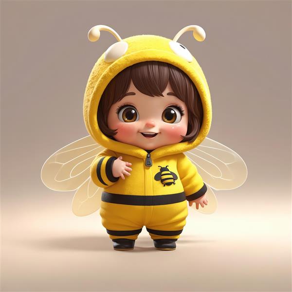 تصویر باکیفیت کودک کارتونی زنبوری با لباس یکپارچه زرد و کلاه خزدار