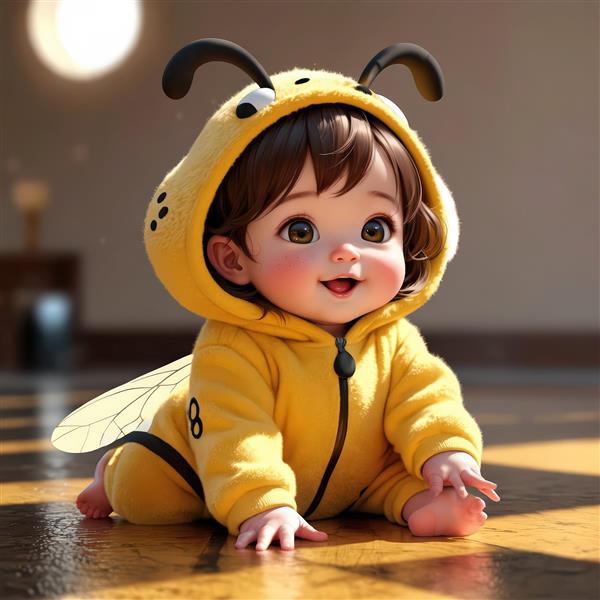 طرح باکیفیت نوزاد کارتونی در لباس زنبور زرد و خزنده روی زمین چوبی