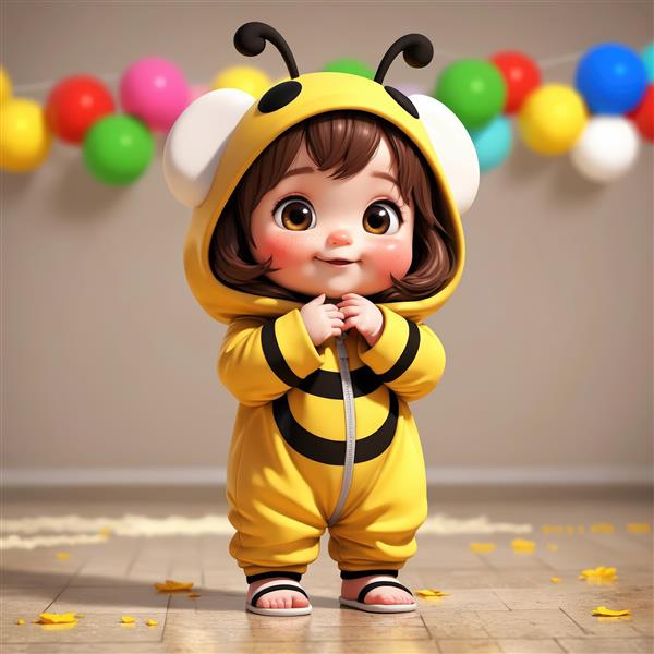 عکس استودیویی کودک کارتونی در لباس زنبور مقابل بادکنک‌های رنگی