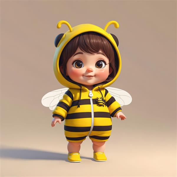 طرح دختر کارتونی با لباس زنبور راه‌راه (زرد و مشکی) و کلاه هودی