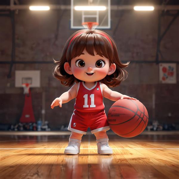 تصویر واید دختر کارتونی بسکتبالیست زیر حلقه در زمین چوبی و نورپردازی