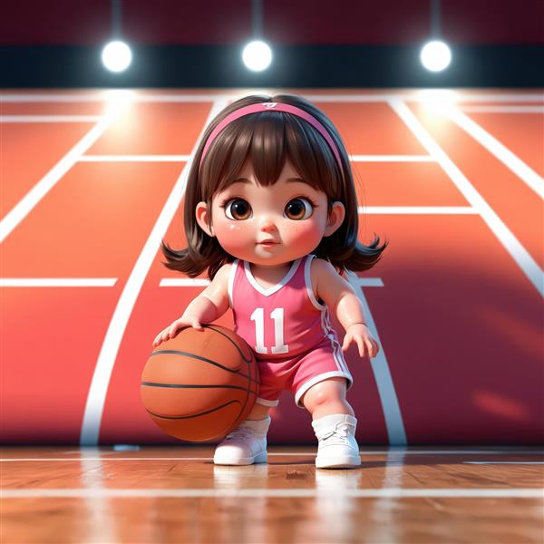 بسکتبالیست کوچک کارتونی با لباس صورتی در زمین بازی و نورافکن