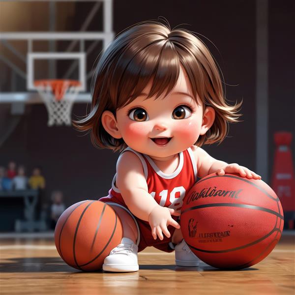 کاراکتر کودک با دو توپ بسکتبال و لباس قرمز، تصویر سه بعدی بامزه با فوکوس بر چهره و زمین چوبی