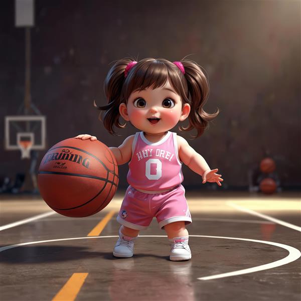 تصویر سه بعدی کودک با لباس بسکتبال صورتی و شماره ۰ در زمین ورزشی، کاراکتر خندان در حال دریبل زدن