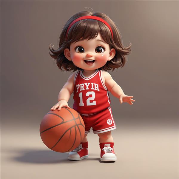 کاراکتر سه بعدی کودک خندان با لباس بسکتبال قرمز و شماره ۱۲، تصویر با کیفیت بالا برای تم تولد ورزشی