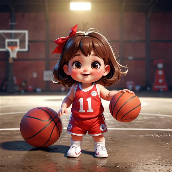 تصویر کودک بسکتبالیست با دو توپ و لباس قرمز، کاراکتر سه بعدی با پاپیون قرمز و زمین ورزشی در پس زمینه