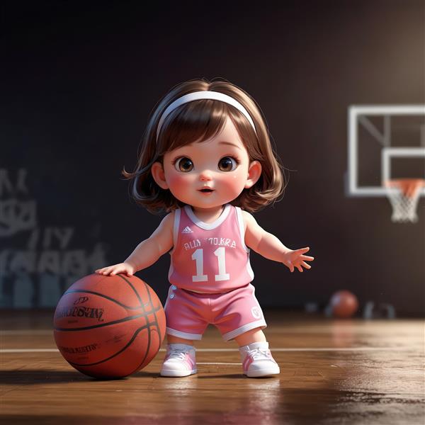 کاراکتر کودک با لباس بسکتبال صورتی در زمین بازی، تصویر سه بعدی بامزه با حلقه و توری بسکتبال در پس زمینه