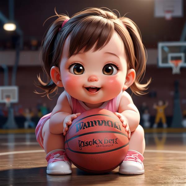 عکس با کیفیت کودک در حال درازکش روی زمین بسکتبال و گرفتن توپ، کاراکتر سه‌بعدی با لباس صورتی و صحنه ورزشی