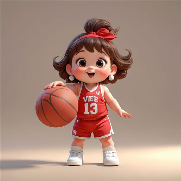 تصویر لارج فرمت کودک با لباس بسکتبال قرمز و شماره ۱۳، کاراکتر گرافیکی خندان با موهای فرفری و روبان