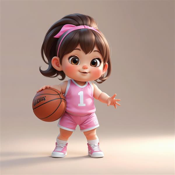 تصویر اورجینال کودک با لباس صورتی بسکتبال (شماره ۱)، کاراکتر سه بعدی با پس زمینه ساده و نورپردازی حرفه‌ای