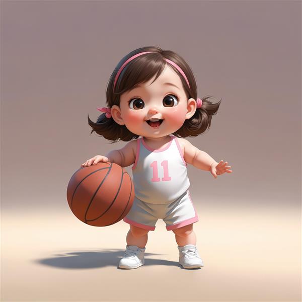 کاراکتر سه‌بعدی کودک با لباس سفید و صورتی بسکتبال (شماره ۱۱)، تصویر با کیفیت بالا و پس زمینه پاستلی