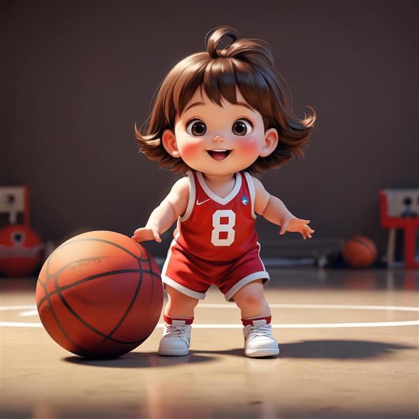 تصویر سه بعدی کودک با لباس بسکتبال قرمز و شماره ۸، کاراکتر گرافیکی بامزه برای پوستر ورزشی