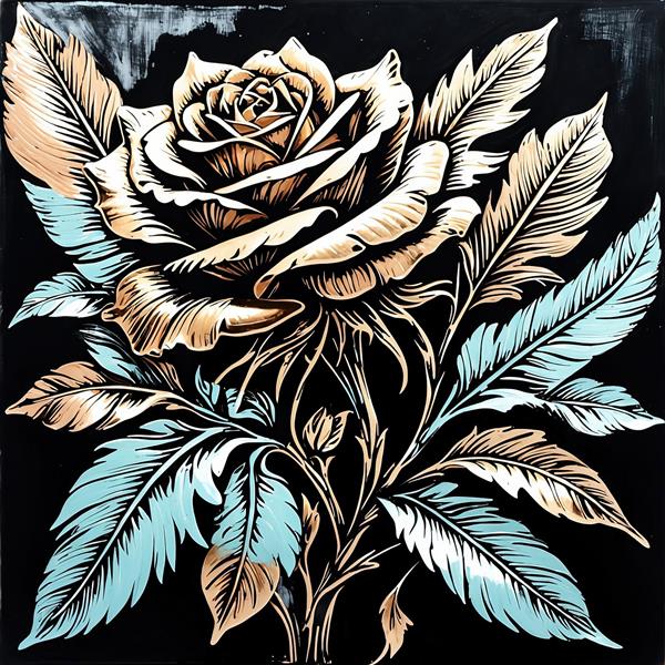 رز آبی فیروزه‌ای و طلایی با برگ‌های پاییزی، نقاشی آبستره با سایه‌پردازی تیره و طلایی