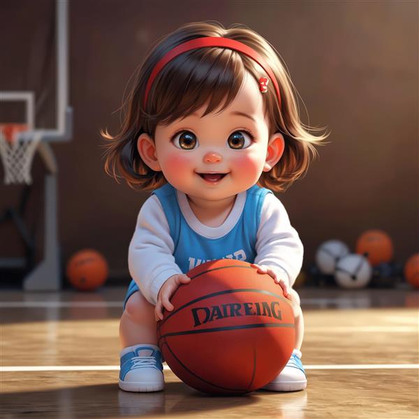 تصویر سه بعدی کودک خندان با توپ بسکتبال روی زمین چوبی، کاراکتر گرافیکی برای تم ورزشی