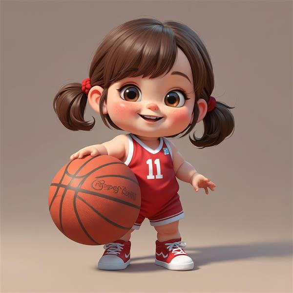کاراکتر کودک کارتونی سه بعدی با لباس ورزشی قرمز و توپ بسکتبال، تصویر گرافیکی با کیفیت بالا