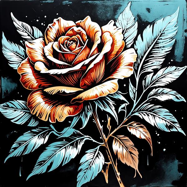طرح گرافیکی رز مسی و ساقه بلند با برگ‌های پر مانند آبی، تصویر تیره و دراماتیک با پاشش رنگ