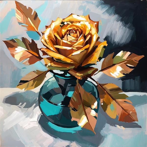 تصویر هنری رز طلایی در گلدان آبی شفاف، نقاشی سبک امپرسیونیسم برای دکوراسیون منزل