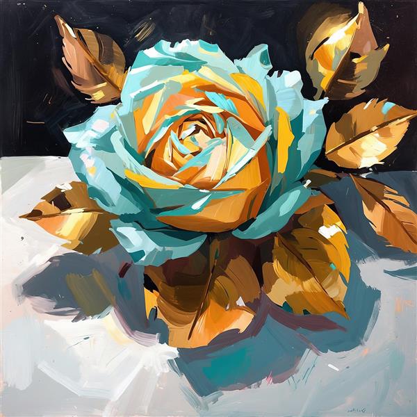 رز آبی فیروزه‌ای و طلایی با برگ‌های پاییزی، نقاشی آبستره با سایه‌پردازی تیره برای تابلو