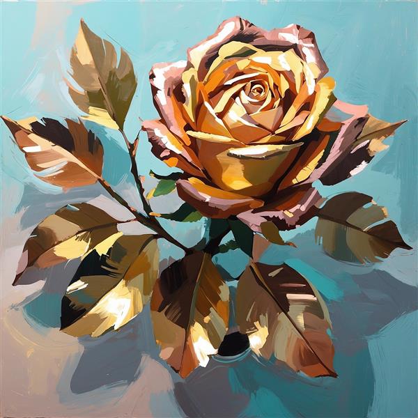 نقاشی با کیفیت گل رز طلایی روی شاخه با برگ‌ها، طرح مدرن با پس زمینه آبی سبز روشن
