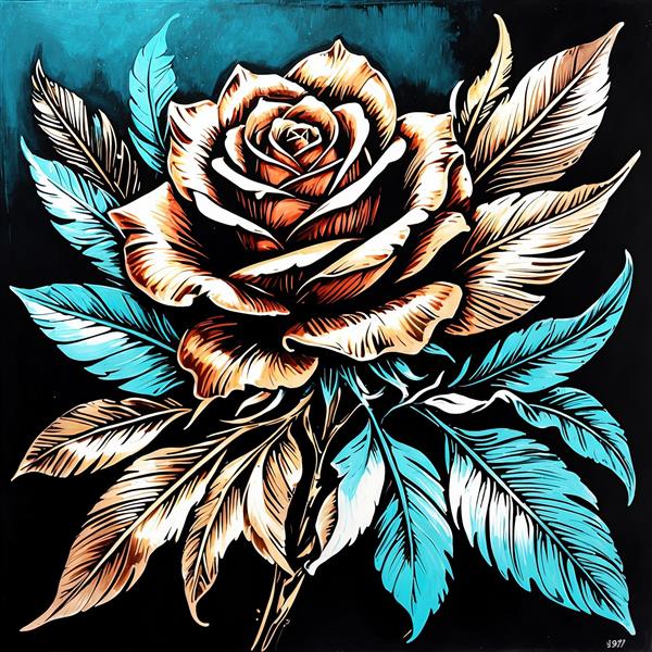 تصویر اورجینال رز مسی با پرهای آبی و طلایی، طرح گرافیکی تیره با جزئیات بالا برای چاپ عریض