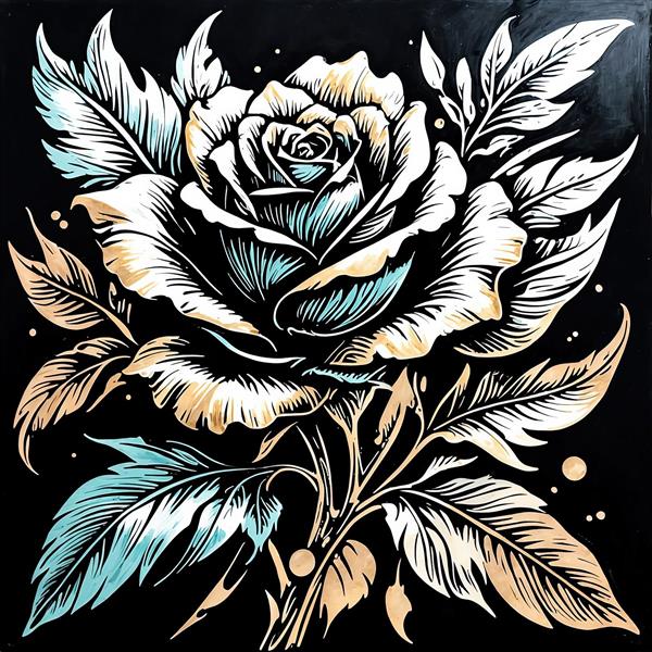 تصویر گرافیکی رز سفید طلایی با برگ‌های پردار روی زمینه مشکی، سبک قلم‌زنی کلاسیک و تیره