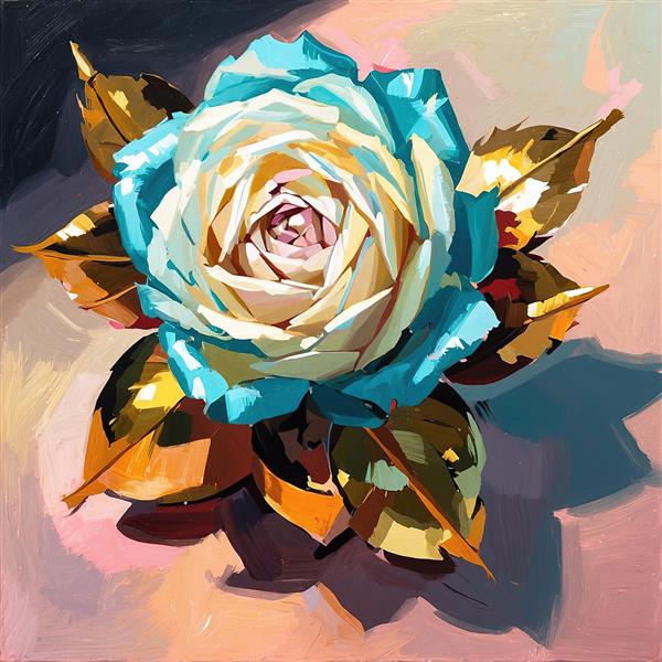 طرح آبستره رز آبی سفید با برگ‌های طلایی، نقاشی امپرسیونیستی برای چاپ بوم دکوراتیو