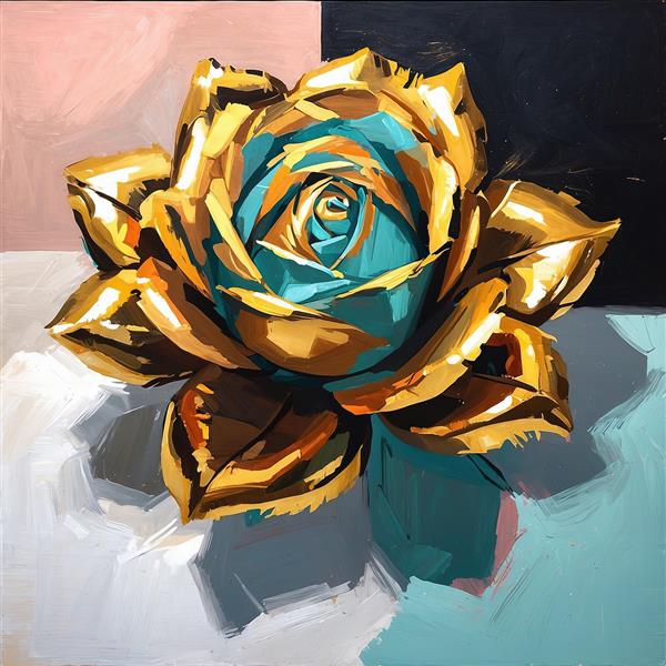 نقاشی رز طلایی و فیروزه‌ای روی پس زمینه پازلی مدرن، طرح انتزاعی با کنتراست رنگی بالا