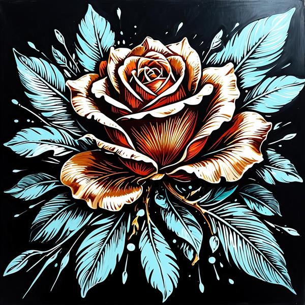گل رز طلایی و پرهای آبی روی پس زمینه مشکی با افکت پاشش، طرح گرافیکی تیره و دراماتیک