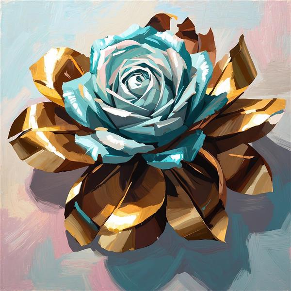 نقاشی آبستره رز فیروزه‌ای و برگ‌های طلایی، طرح هنری با کیفیت بالا برای چاپ تابلو