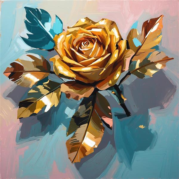 عکس هنری گل رز طلایی و برگ‌های آبی با پس زمینه پاستلی، نقاشی رنگ و روغن دیجیتال
