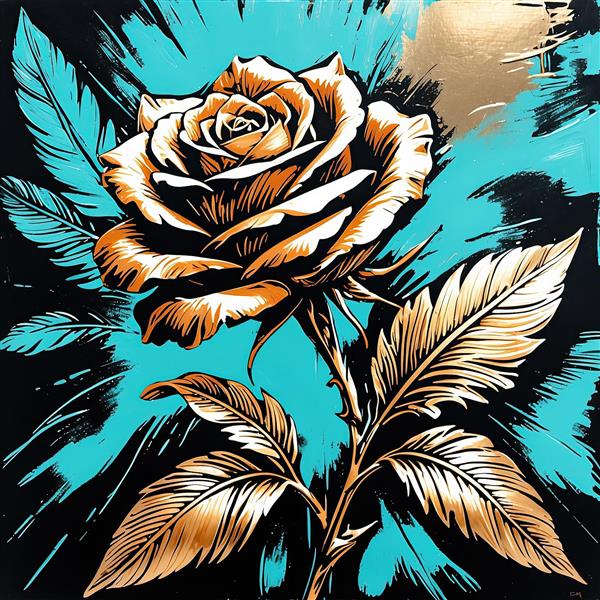 رز طلایی و ساقه بلند با برگ‌های پردار در پاشش رنگ آبی و مشکی، نقاشی دیواری انتزاعی