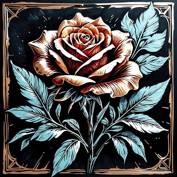 طرح گرافیکی گل رز مجلل مسی و برگ‌های آبی روی پس زمینه مشکی، تصویر مینیمال و تیره