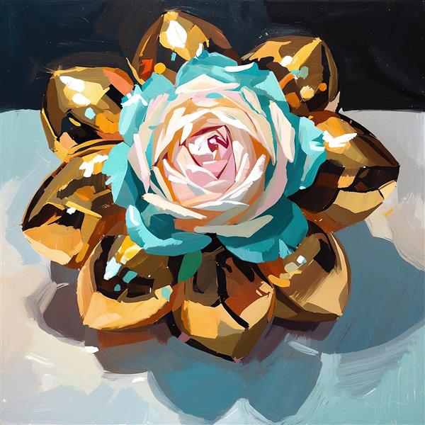 نقاشی با کیفیت رز آبی صورتی در بافت فلزی طلایی، طرح مدرن آبستره برای دکوراسیون داخلی