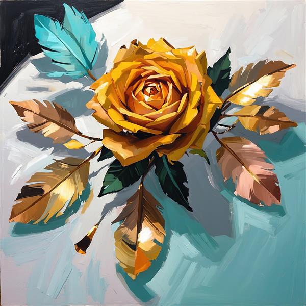 تصویر اورجینال گل رز طلایی و پرهای آبی، نقاشی سبک امپرسیونیسم برای پوستر و چاپ عریض